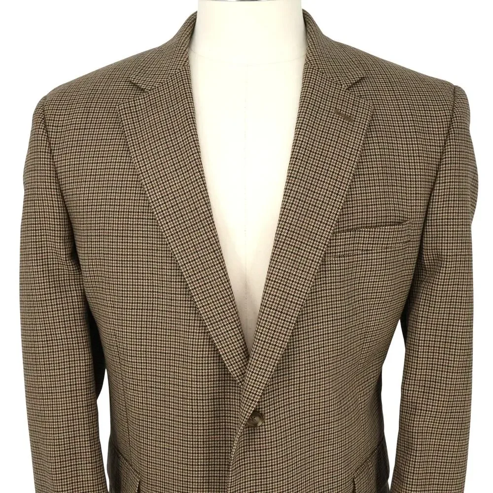 Jos A Bank Sport Coat Mens 46R Brown Houndstooth Plaid Wool Jacket Lined Blazer